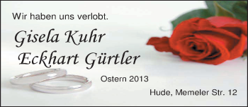 Hochzeitsanzeige von Gisela Kuhr von Nordwest-Zeitung