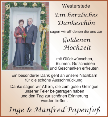 Hochzeitsanzeige von Inge Papenfuß von Nordwest-Zeitung