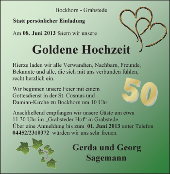 Hochzeitsanzeige von Gerda Sagemann von Nordwest-Zeitung