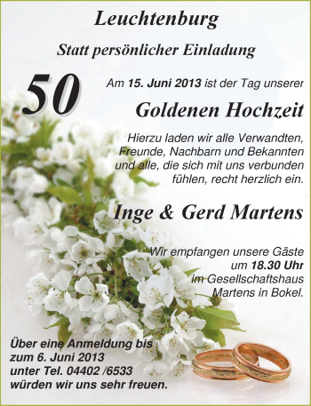 Hochzeitsanzeige von Inge Martens von Nordwest-Zeitung