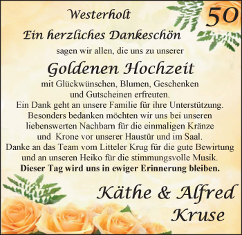 Hochzeitsanzeige von Käthe Kruse von Nordwest-Zeitung