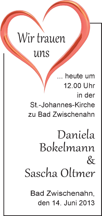Hochzeitsanzeige von Daniela Bokelmann von Nordwest-Zeitung