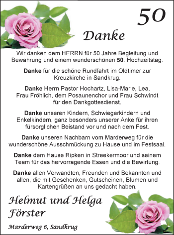 Hochzeitsanzeige von Helga Förster von Nordwest-Zeitung