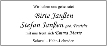 Hochzeitsanzeige von Birte Janßen von Nordwest-Zeitung