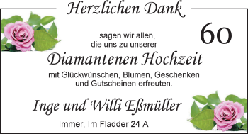 Hochzeitsanzeige von Inge Eßmüller von Nordwest-Zeitung