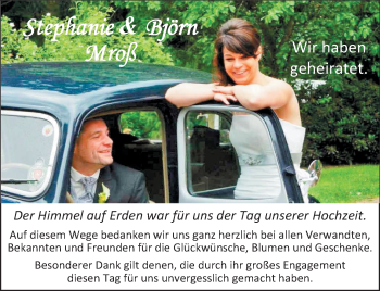 Hochzeitsanzeige von Stephanie Mroß von Nordwest-Zeitung