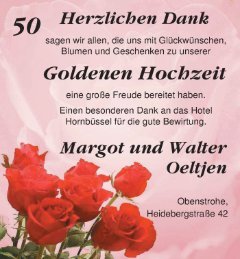 Hochzeitsanzeige von Margot Oeltjen von Nordwest-Zeitung