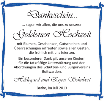 Hochzeitsanzeige von Hildegard Schubert von Nordwest-Zeitung