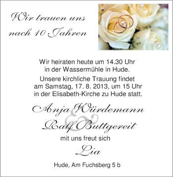 Hochzeitsanzeige von Anja Buttgereit von Nordwest-Zeitung