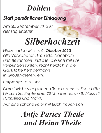 Hochzeitsanzeige von Antje Paries-Theile von Nordwest-Zeitung