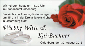 Hochzeitsanzeige von Wiebke Witte von Nordwest-Zeitung