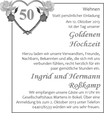 Hochzeitsanzeige von Ingrid Roßkamp von Nordwest-Zeitung