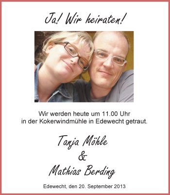 Hochzeitsanzeige von Tanja Möhle von Nordwest-Zeitung