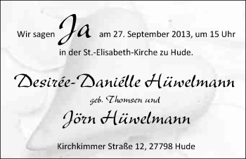 Hochzeitsanzeige von Desirée-Daniélle Hüwelmann von Nordwest-Zeitung