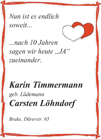 Hochzeitsanzeige von Karin Timmermann von Nordwest-Zeitung