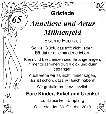 Hochzeitsanzeige von Anneliese Mühlenfeld von Nordwest-Zeitung