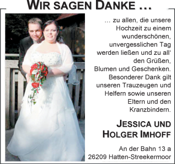 Hochzeitsanzeige von Jessica Imhoff von Nordwest-Zeitung