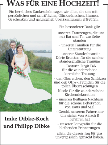 Hochzeitsanzeige von Imke Dibke von Nordwest-Zeitung