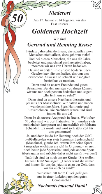 Hochzeitsanzeige von Gertrud Kruse von Nordwest-Zeitung