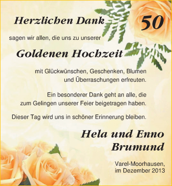 Hochzeitsanzeige von Hela Brumund von Nordwest-Zeitung