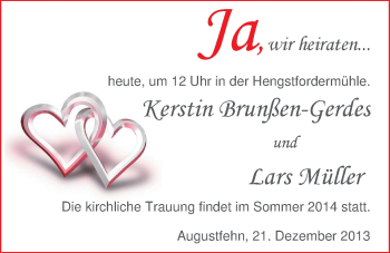 Hochzeitsanzeige von Kerstin Brunßen-Gerdes von Nordwest-Zeitung
