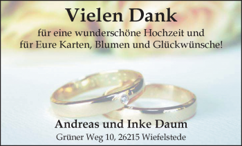 Hochzeitsanzeige von Inke Daum von Nordwest-Zeitung