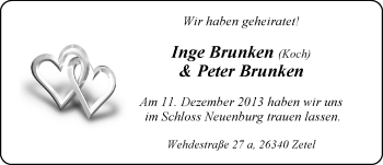 Hochzeitsanzeige von Inge Brunken von Nordwest-Zeitung