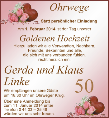 Hochzeitsanzeige von Gerda Linke von Nordwest Zeitung