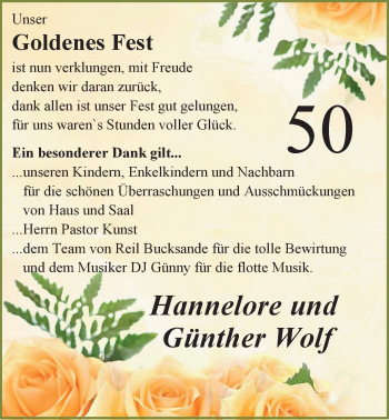 Hochzeitsanzeige von Hannelore Wolf von Nordwest-Zeitung