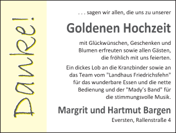 Hochzeitsanzeige von Hartmut Bargen von Nordwest-Zeitung