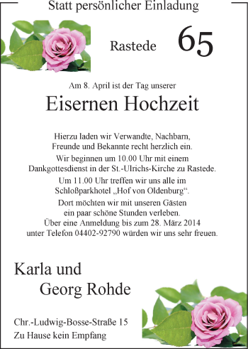 Hochzeitsanzeige von Karla Rohde von Nordwest-Zeitung