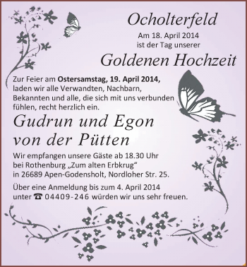 Hochzeitsanzeige von Gudrun von der Pütten von Nordwest-Zeitung