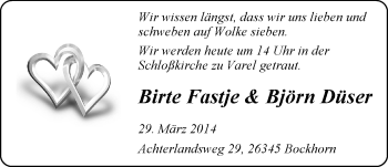 Hochzeitsanzeige von Birte Fastje von Nordwest-Zeitung