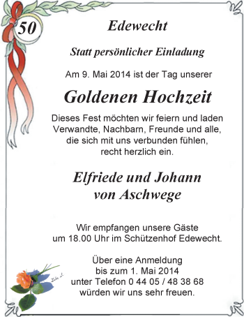 Hochzeitsanzeige von Elfriede von Aschwege von Nordwest-Zeitung