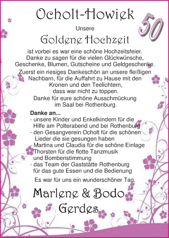 Hochzeitsanzeige von Marlene Gerdes von Nordwest-Zeitung