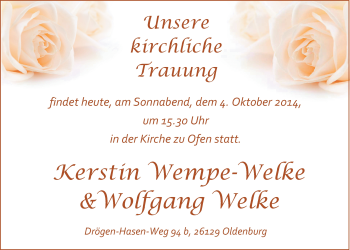 Hochzeitsanzeige von Kerstin Wempe-Welke von Nordwest-Zeitung