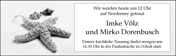 Hochzeitsanzeige von Imke Völz von Nordwest-Zeitung
