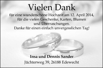 Hochzeitsanzeige von Insa Sander von Nordwest-Zeitung