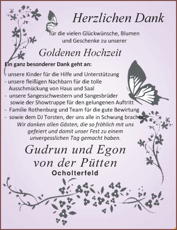Hochzeitsanzeige von Gudrun von der Pütten von Nordwest-Zeitung