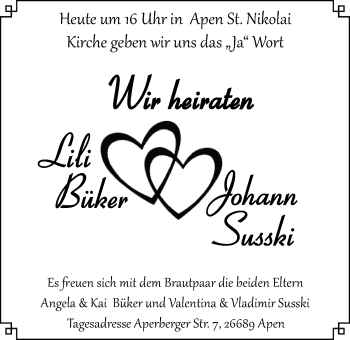 Hochzeitsanzeige von Lili Büker von Nordwest-Zeitung