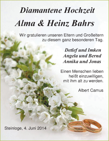 Hochzeitsanzeige von Alma Bahrs von Nordwest-Zeitung