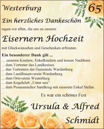 Hochzeitsanzeige von Ursula Schmidt von Nordwest-Zeitung
