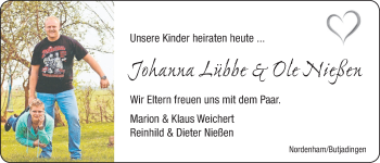 Hochzeitsanzeige von Johanna Lübbe von Nordwest-Zeitung