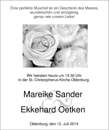 Hochzeitsanzeige von Mareike  von Nordwest-Zeitung