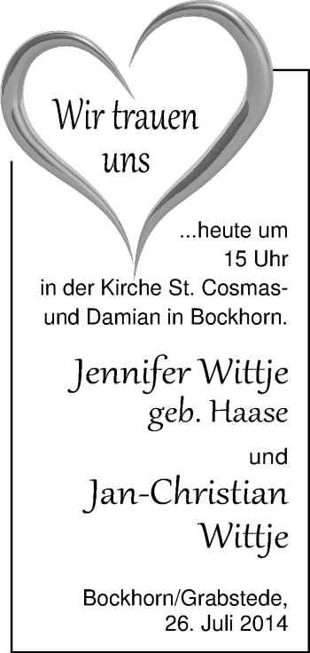 Hochzeitsanzeige von Jennifer Wittje von Nordwest-Zeitung