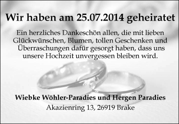 Hochzeitsanzeige von Wiebke Wöhler-Paradies von Nordwest-Zeitung