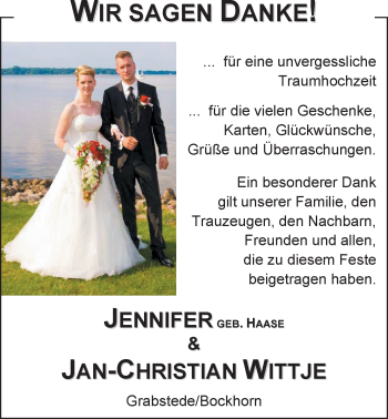 Hochzeitsanzeige von Jennifer Wittje von Nordwest-Zeitung
