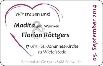 Hochzeitsanzeige von Madita Röttgers von Nordwest-Zeitung