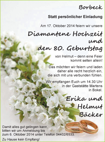 Hochzeitsanzeige von Erika Bäcker von Nordwest-Zeitung