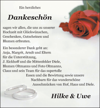 Hochzeitsanzeige von Hilke Ostendorf von Nordwest-Zeitung